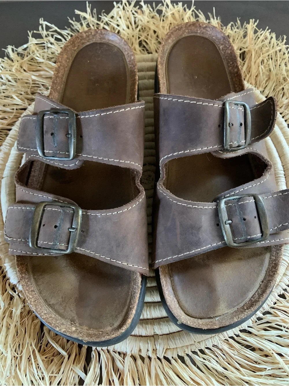 NUNN BUSH Brown Leather Buckle Slide Footbed Cork Sandals